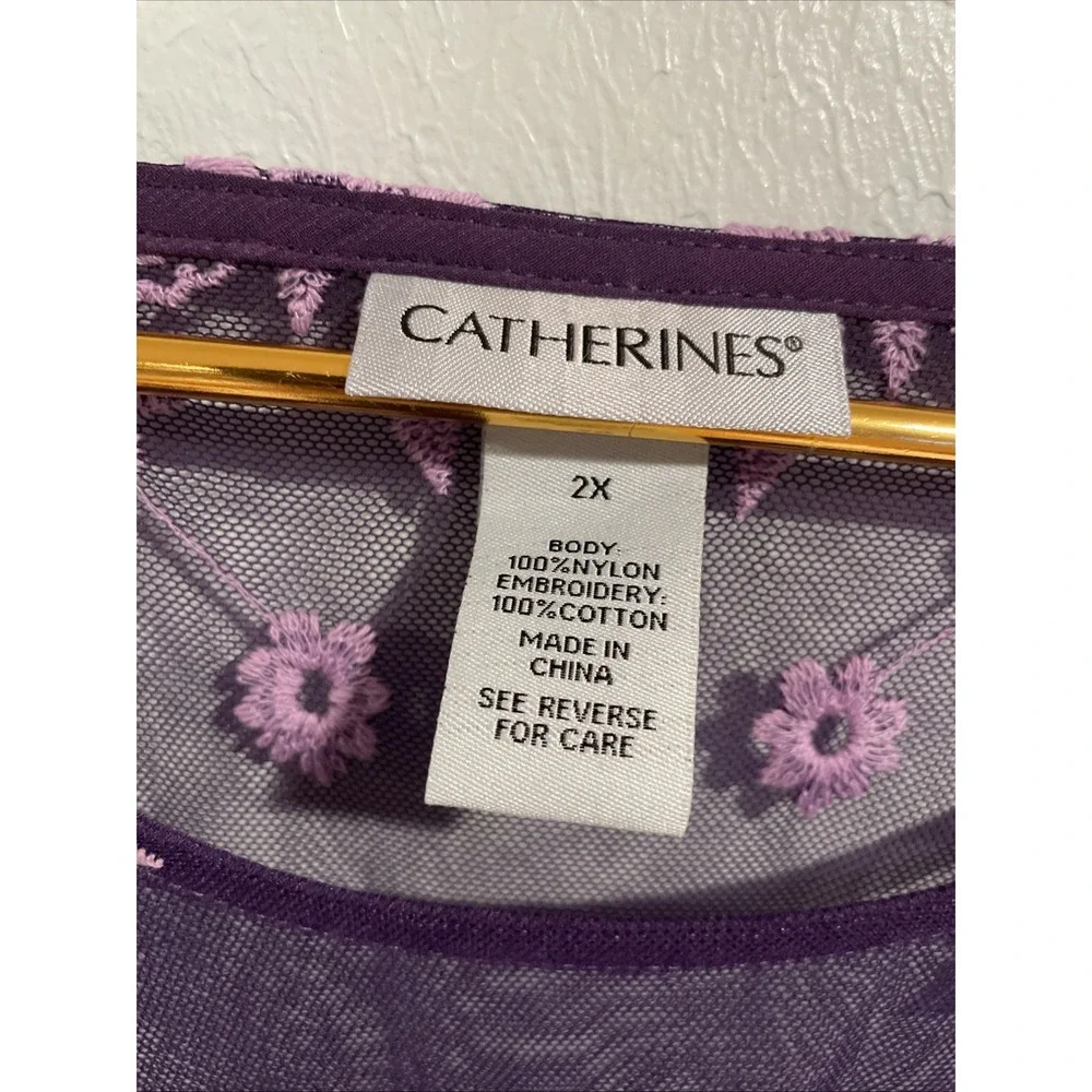 Catherines 2x 22/24 Dark Purple Embroidered Mesh 3/4 sleeve Sheer Swim Cover Top